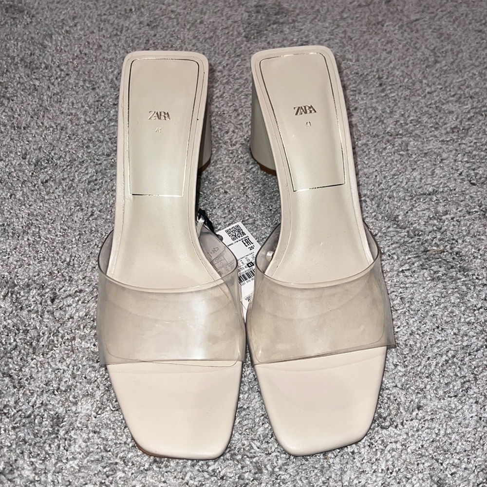Zara Cream Block Heels, Clear Strap Sz 9.5